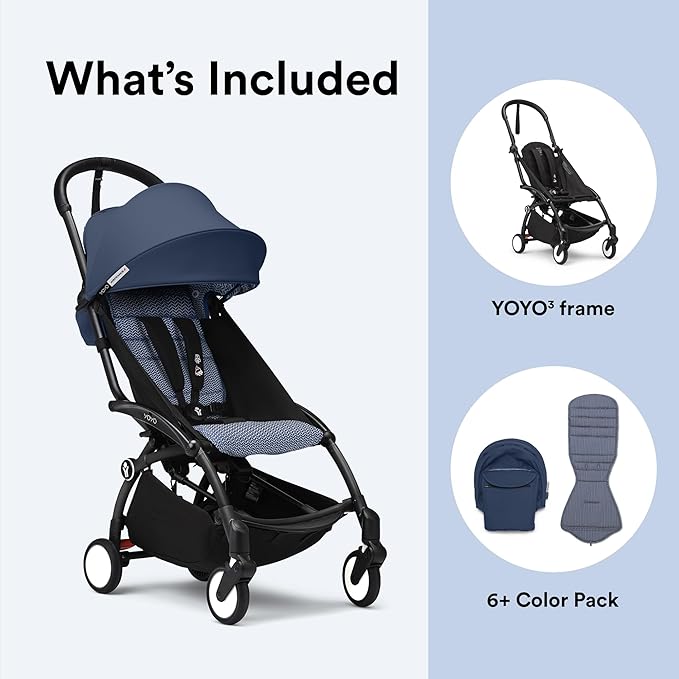 Stokke YOYO3 Stroller from 6 Months - Includes Black Frame/Air France Blue Seat Cushion + Canopy - Folds in & Out in a Flash - Light & Compact - Carry-On Compatible