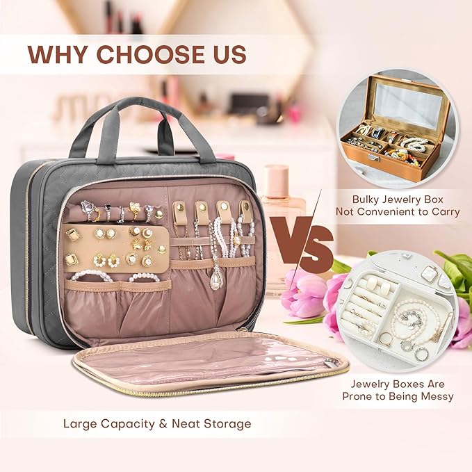 Toiletry Bag for Women with Jewelry Organizer Compartment, Jewelry Boxes for Gifts, Travel Makeup Cosmetic Bag with Hanging Hook for Full-sized Toiletries, Shampoo - Grey, Gifts for Women