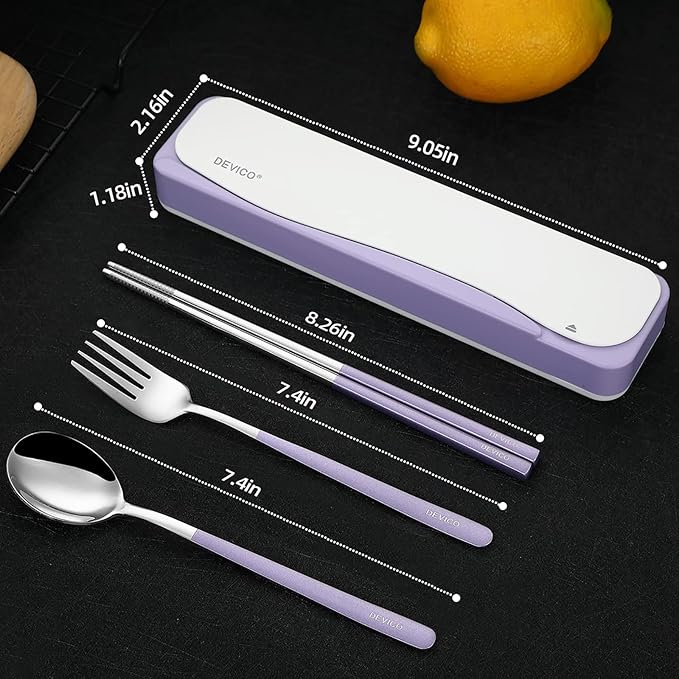 DEVICO Travel Utensils With Case, 18/8 Stainless Steel Camping Utensils, Reusable Portable Silverware Cutlery Set For Lunch Box, Include Fork Spoon Chopsticks