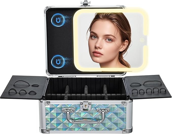 Makeup Case with Magnetic LED Mirror Travel Cosmetic Organizer Portable Makeup Box with Lighted Up Mirror Make Up Vanity Nail Box Lipstick Artist Storage with Lockable Dividers Brush Holder Shiny Blue