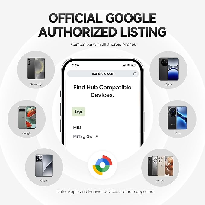 MiLi MiTag Bluetooth Tracker for Android, Google Certified Key Finder/Luggage Tracker/Item Locator, Smart Tracking Tag for Google Find My Device (Find Hub) App, 4 Pack