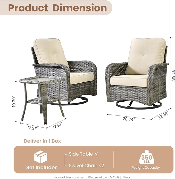 HOOOWOOO Patio Furniture Set,3 Pieces Outdoor Conversation Set,All Weather Wicker High Back Swivel Chairs Bistro Set with Side Table,Beige