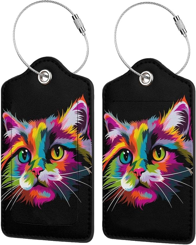 Cat Leather Luggage Tag with Stainless Steel Ring, Fun Name Id Card Cover Travel Bag Tag Set, Suitable for Travel Bag Luggage Women Men 1 PCS