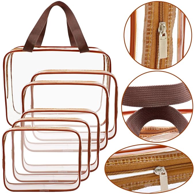 APREUTY Clear Makeup Bags, TSA Approved 6Pcs Cosmetic Makeup Bags Set Clear PVC w/Zipper Handle Portable Travel Luggage Pouch Airport Airline Bags Bathroom (Coffee)