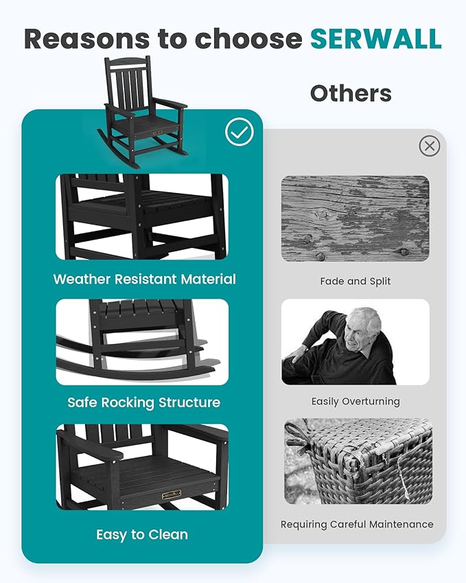 SERWALL Outdoor Rocking Chair Set of 2, HDPE Patio Rocking Chair All-Weather Porch Rocker for Balcony, Yard, Black