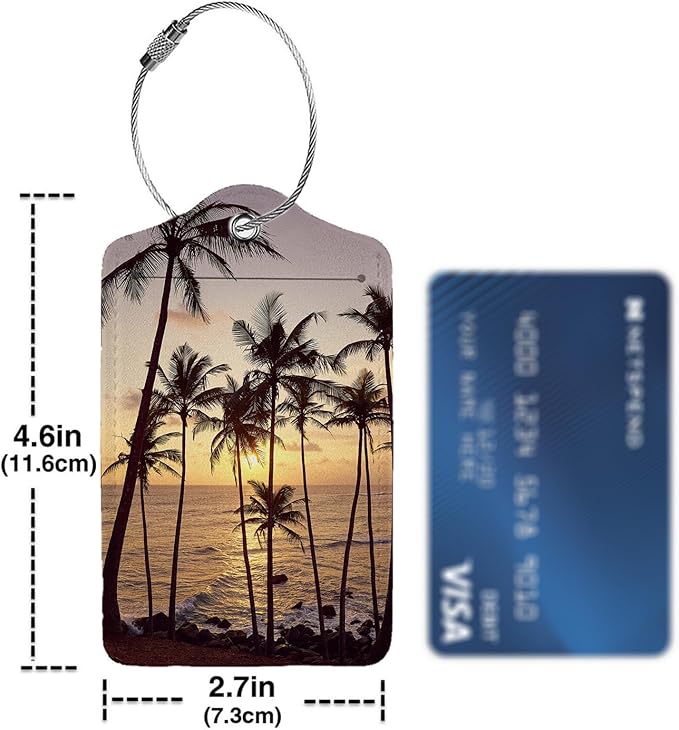 Sunset with Coconut Trees 2 Pack Luggage Tag for Suitcase, Cute Unique Leather Bag Tags Identifiers Privacy Cover ID Label with Steel Loop for Women Men Kids Girls Travel