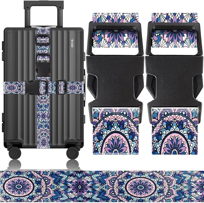 2 Pack Luggage Straps for Suitcases Adjustable Luggage Belt TSA Approved, Bright Colors Travel Packing Straps with Quick Release Buckle Unique Nylon for Sleeping Bag Car Seat, Purple Flower
