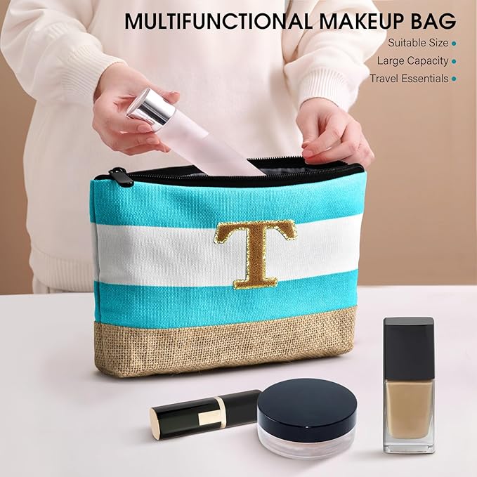 Becokan Beach Bag Initial Beach Tote with Makeup Bag for Travel Work Storage Personalized Birthday Gifts for Women Her