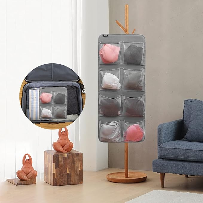 Dual-Sided Hanging Closet Organizer for Socks Underwear Bra Kids Storage Organizer for Baby Clothes Toddler Shoes with 26 Pockets (Grey-Mesh Pockets)