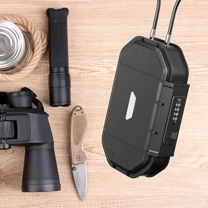Portable Security Lock Box with Combination Lock, Waterproof Travel Safe Case with Steel Cable, Black. Box with Combination Ideal for Outdoors, Camping, Beach, dorms.