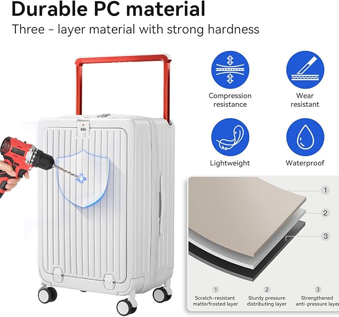SOKOK Front Pocket Luggage with Spinner Wheels, 24'' Wide Handle Travel Suitcase PC Hardshell Multifunctional Luggage with Charging Port and Cup Holder, White