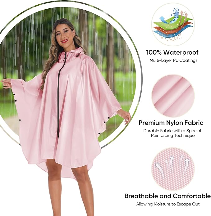 PTEROMY Hooded Rain Poncho for Adult with Pocket and Zipper, Waterproof Lightweight Raincoat for Men and Women