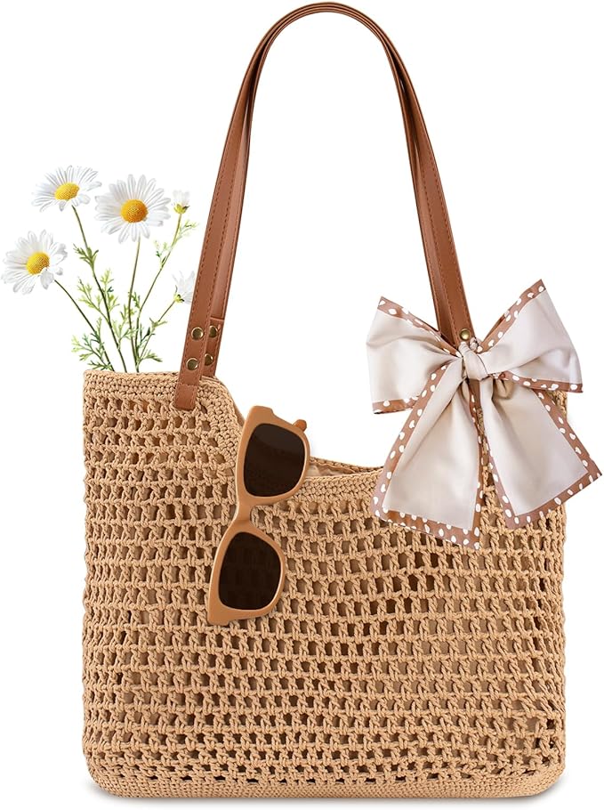 Peicees Crochet Beach Bag For Women Summer Tote Bag Boho Shoulder Bag With Leak-Proof Lining for Vacation Travel Woven Purse