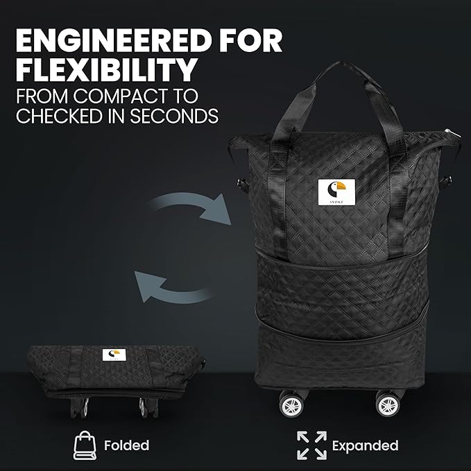 ISOKE Foldable Travel Duffel Bag - TSA Approved - With Wheels & Shoe Compartment - Weekender Bags for Women - Carry On Overnight Bag - Black - 16"×10"×24"