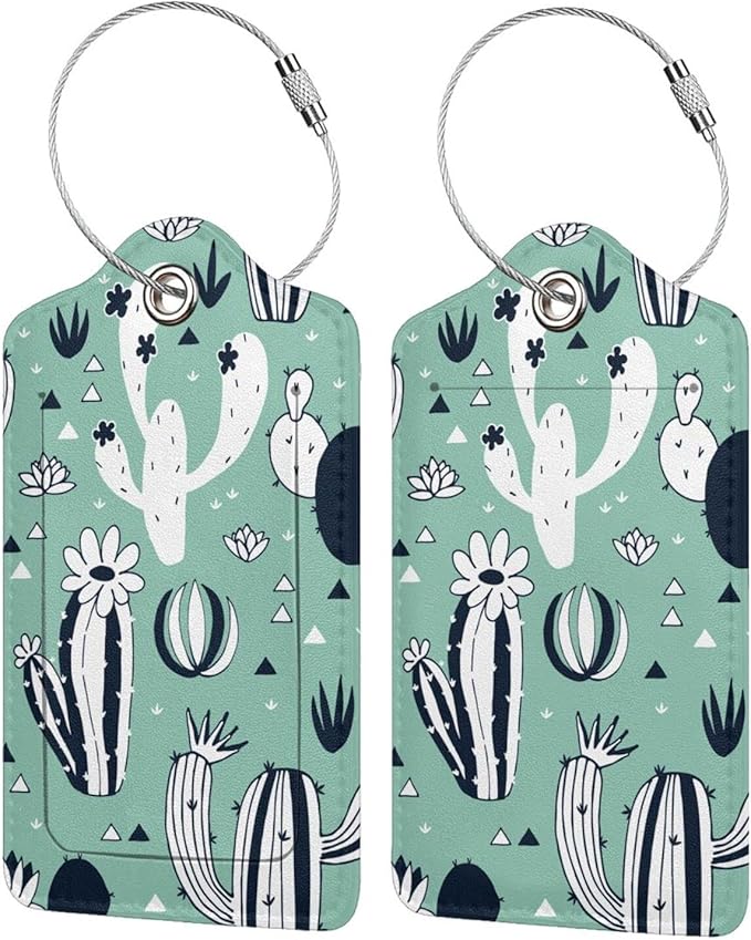 2 Pack Cute Cactus Green Suitcase Tags Identifiers Unique Leather Luggage Tags with Stainless Steel Loop Privacy Cover ID Label for Women Men Girls Boys Travel