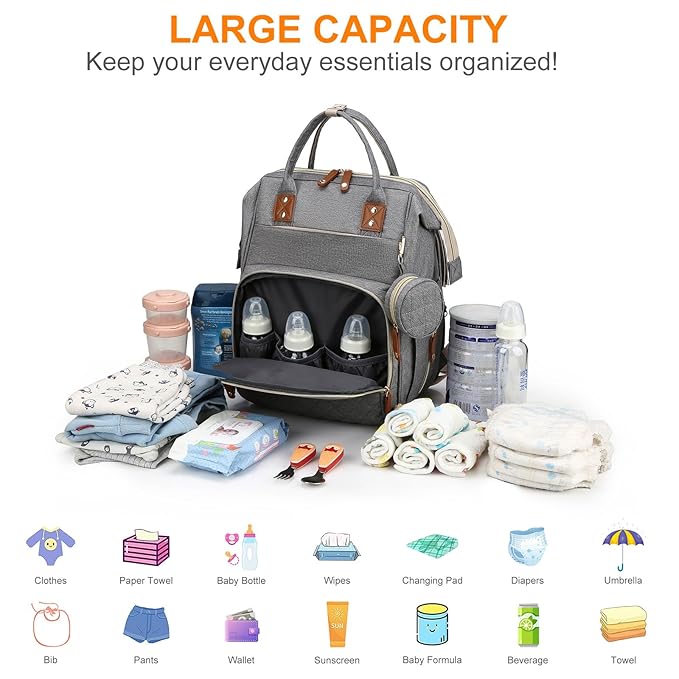 Diaper Bag, Backpack with Changing Station, Waterproof Baby Bag for Boys & Girls, USB Charging Port for Parents, Travel Backpack Baby Essentials & Lovely Baby Shower Gifts, Grey
