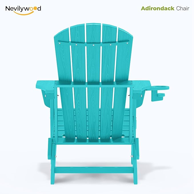 Folding Adirondack Chair - Extended Ergonomic Backrest, Cup Holder - Easy Assembly - Durable HDPE Plastic, Weather Resistant & Maintenance-Free - Lawn, Patio, Deck Supports 400lbs Aruba