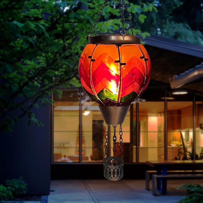 Hot Air Balloon Solar Lantern with Flickering Flame Light Glass Hanging Solar Lanterns Outdoor Waterproof for Garden Tree Yard Patio Party Decor, Color-Wave