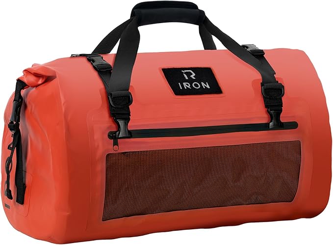 IRON JIA'S Motorcycle Dry Bag - Waterproof Duffle & Luggage Tail Bag Saddle Bags with Roll Top Closure, Shoulder Straps, Inner Pocket and Mesh Pocket (Orange, 30L)
