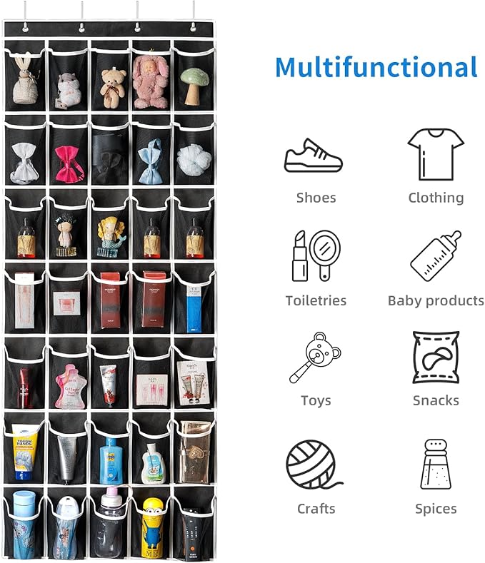 35 Pockets Over the Door Shoe Organizer, Hanging Shoe Organizer for Door with 35 Mesh Pockets Large Capacity Shoe Hanging Storage Bag with 4 Metal Hooks (Black-1Pack)