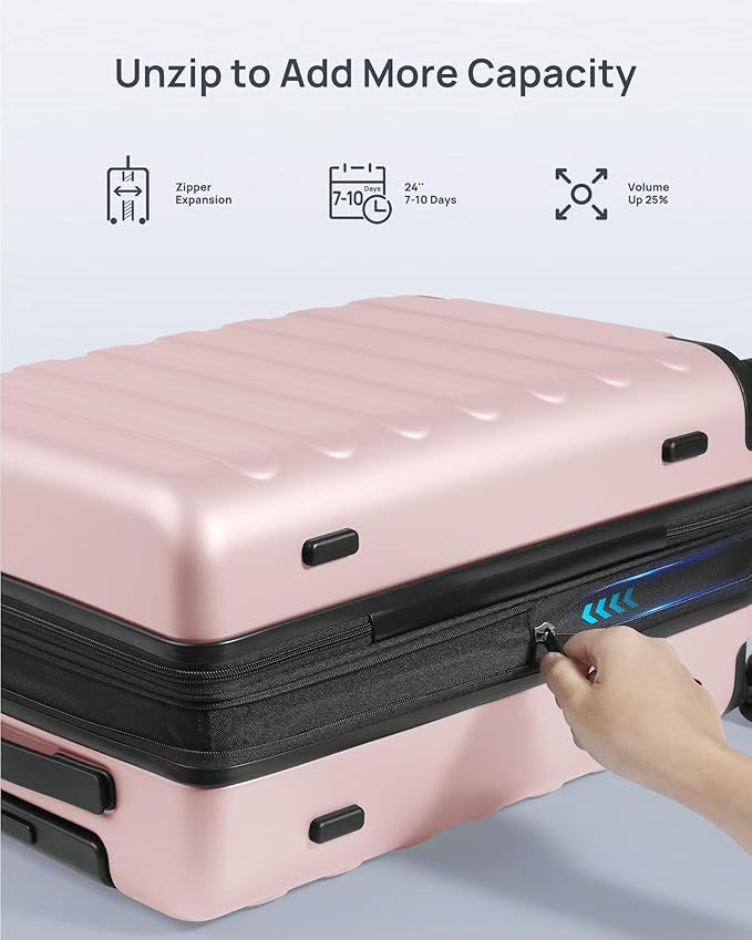 Carry on Luggage 22 X 14 X 9 Airline Approved, 20 Inch Luggage for 3-5 Days Travel, Double Spinner Wheels, 100% Hardshell PC, TSA Lock (00-Pink (Expandable), Checked 24-Inch)