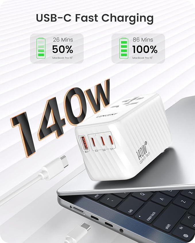 LENCENT 140W Universal Travel Adapter, International Plug Adaptor, GaN Fast Charger with 3 PD3.1 Type C+1 QC USB A, All in One Travel Essentials, Worldwide Plug Adapter for USA/UK/EU/AU, White