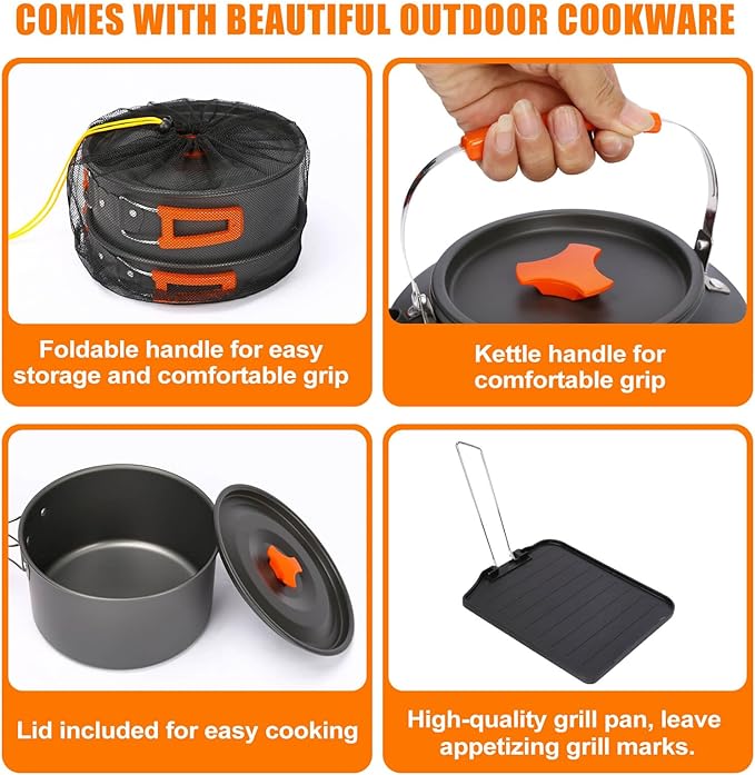 Hisencn 2 Burner Foldable Camping Stove with Griddle,Portable Propane Camp Stove, 20000 BTU Propane Stove, Outdoor Gas Stove with Carry Bag,Includes Frying Pan, Kettle, and Pot, Adjustable Burners