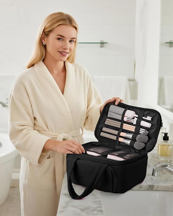 HOTOR Travel Toiletry Bag - Wide-Open Toiletry Bag for Women, Multi-Pocket Makeup Bag for Travel Essentials, Wet & Dry Separation Travel Accessories for Trip, Gym, 11.4" x 5.9" x 8.3", Black