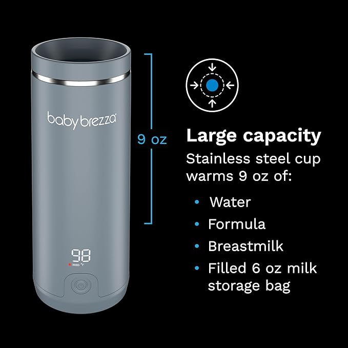 Baby Brezza SuperFast Portable Baby Bottle Warmer – 67% Faster - Travel Breastmilk Warmer and Formula Warmer - Safe, Even Heating - Up to 9oz - No Adapters, Grey