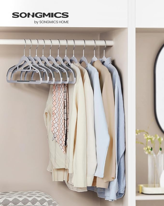 SONGMICS Pack of 60 Coat Hangers, Space-Saving Plastic Clothes Hangers, Non-Slip, 0.2 Inches Slim, 16.5 Inches Wide, 360° Swivel Silver Hook, Light and Dark Gray UCRP0020G01