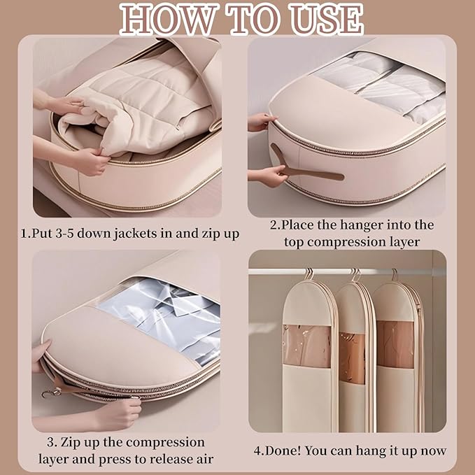 Space Saving Hanging Garment Bag With Self Compression Zipper,Garment Bags for Travel,Dust Cover for Coats Down Jackets, Closet Clothes Organizer with Clear Window (Beige, M+L+XL)