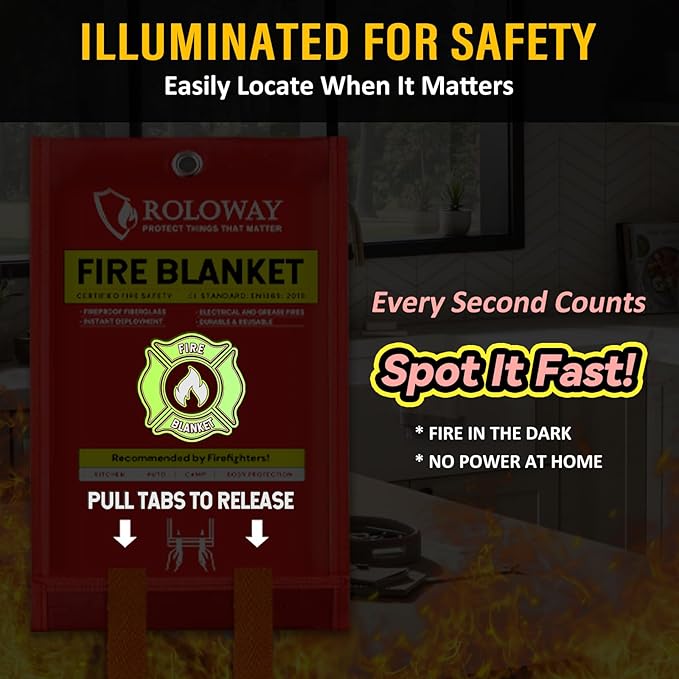ROLOWAY Emergency Fire Blanket for Home and Kitchen, Fire Blankets Emergency for Home Safety (40 x 40 Inch) with Hooks, Gloves, Fire Suppression Blanket with Emergency Whistle for Fire Safety (2 Pack)