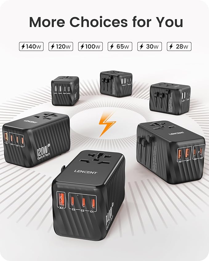 LENCENT International Travel Adapter, 65W GaN3 Universal Fast Charger with 2 USB A + 3 Type C PD, Worldwide Power Adaptor for Phones,Laptops, All in One Travel Essentials for EU/USA/UK/AU, Black