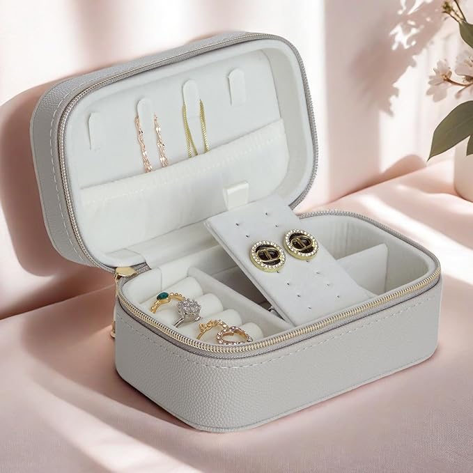 Travel Jewelry Case Bulk Of 4 For Women Weekend Trips, Gold Zip, PU Leather Compact Jewelry Organizer For Earring Bracelets Gray Travel Jewelry Box Set 4 Perfect For Small Bridesmaid Jewelry Box Gift
