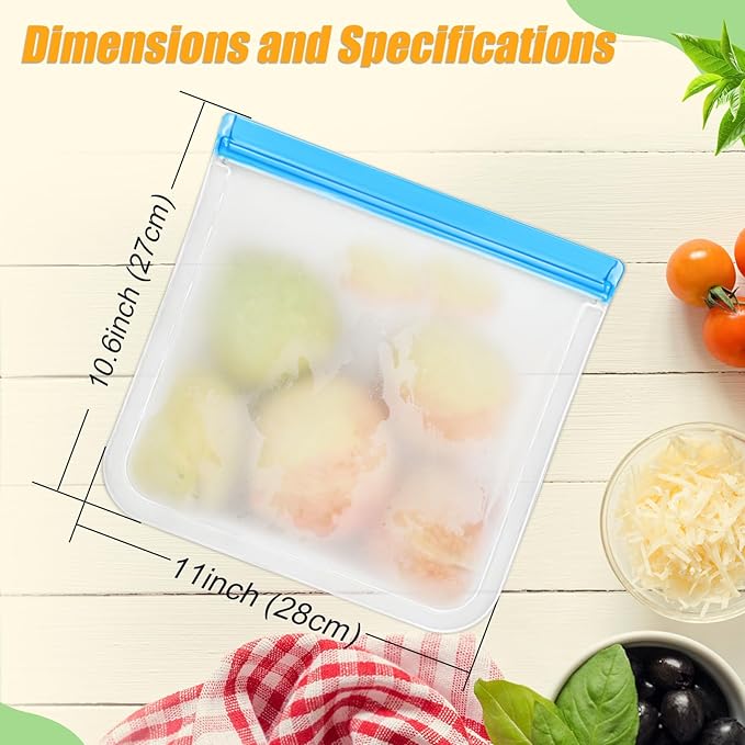 10 Pack Reusable Storage Bags, Dishwasher Safe Reusable Silicone Leak proof Freezer Bag for Food Storage Containers, Lunch, Sandwich, Marinate Meat, Salad Fruit 11'' x 10.6''