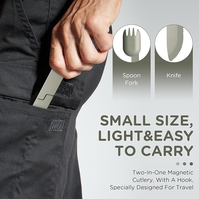 Kopak 2 in 1 Camping Eating Utensils Set,Reusable Magnetic Camping Utensils Set,Portable Detachable Pocket Combination Knife,Fork and Spoon Tool for Fishing Travel Outdoor Survival