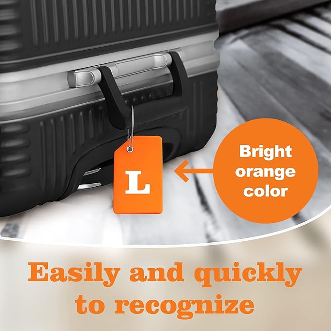 8 Pcs Luggage Tags for Suitcases, 26 Initial Letter Travel Luggage Baggage Identification Labels ID Tags Fully Bendable Tags with Stainless Steel Loop (Letter L, Orange)