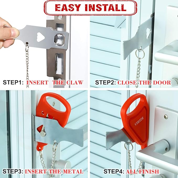 Home Security Door Lock, VIRIDI Portable Travel Doorlocks for Airbnb Hotel Room Bedroom Add Extra Safety Privacy Solid Removable No Drill Door Jammer Latch for House Apartment School Selfdefense Item