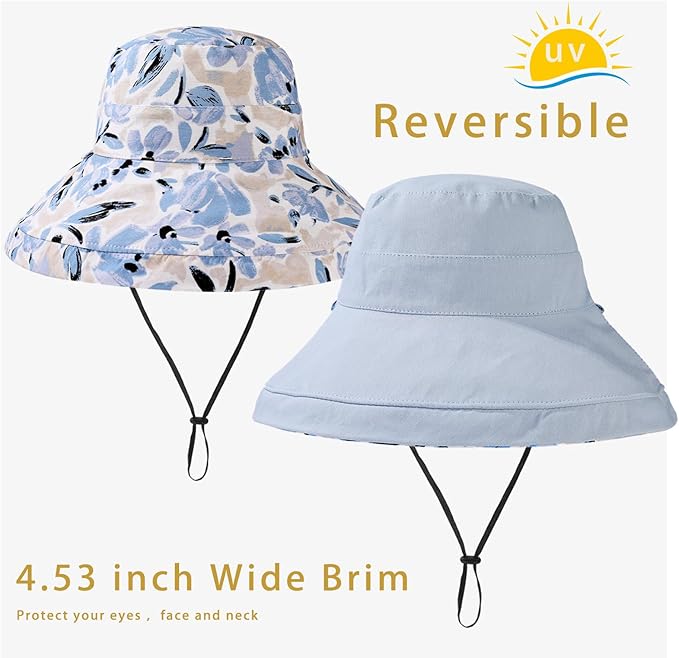 vidsel Womens Sun Hats Wide Brim Reversible Bucket Cotton Hat Packable Summer Travel Cap with Hat Clip,UV Protection