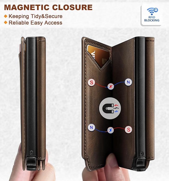 BULLIANT Men Wallet Leather Wallet Card Holders Money Clip for Men 10Cards-Magnetic Flip on Metal Case