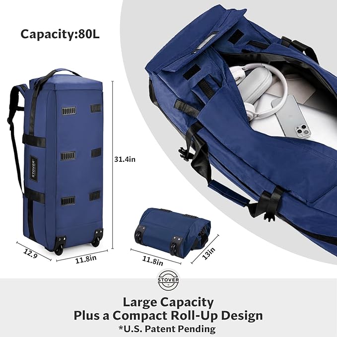 STOVER 80L Rolling Duffel Bag with Wheels, Large 31 Inch Durable Travel Duffle + Toiletry Bag, Heavy Duty, Packable, Foldable w/Shoulder Straps- Use as Luggage or Backpack, Men/Women (Blue)