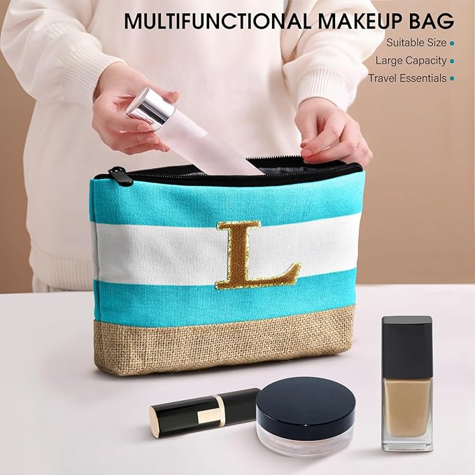 Becokan Beach Bag Initial Beach Tote with Makeup Bag for Travel Work Storage Personalized Birthday Gifts for Women Her