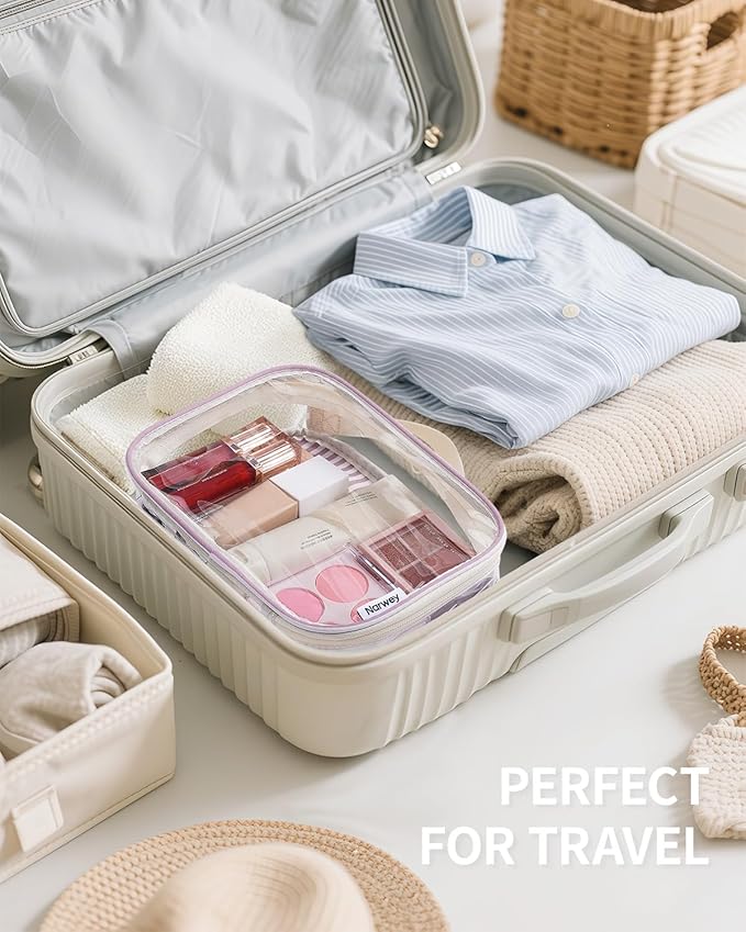 Narwey TSA Approved Clear Toiletry Bag for Travel, Waterproof PVC Clear Makeup Bags, Portable Compact Cosmetic Bag Make Up Organizer, Airport Airline Quart Size Compliant Bag (Dusty Pink Stripe)