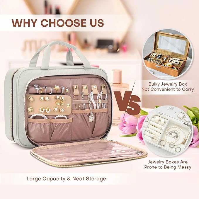 Toiletry Bag for Women with Jewelry Organizer Compartment, Travel Makeup Cosmetic Bag with Hanging Hook for Full-sized Toiletries, Shampoo - Beige