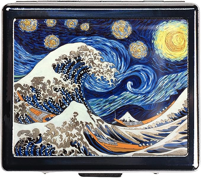 Silver Vintage Pill Box 7 Day Metal Pill Box with Mirror and 8 Compartments Cute Travel Pill Organizer for Purse (The Great Starry Wave)