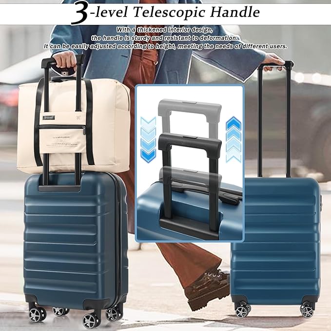 Merax Carry On Luggage Set 20 Inch Hardshell ABS Suitcase Airline Approved with Spinner Wheels Foldable Duffel Bag Lightweight Luggage for Weekend Trips Ink Blue