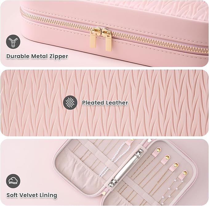 Lolalet Travel Jewelry Organizer, Jewelry Storage Case with Pocket, Earrings Necklaces Bracelets Ring Zippered Storage Pouch for Women -Pink