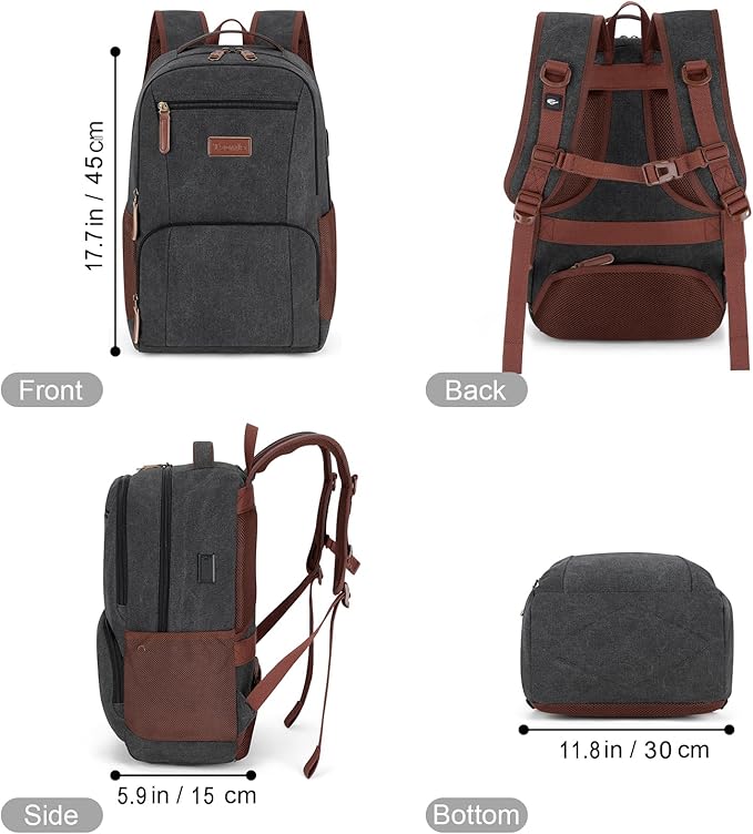 Tzowla Canvas Laptop College Backpack for Men and Women,Travel Work Vintage Rucksack with USB/Type-C Charging Port,Lightweight Hiking Casual Daypack Backpacks fit 15.6 inch Notebook,Black