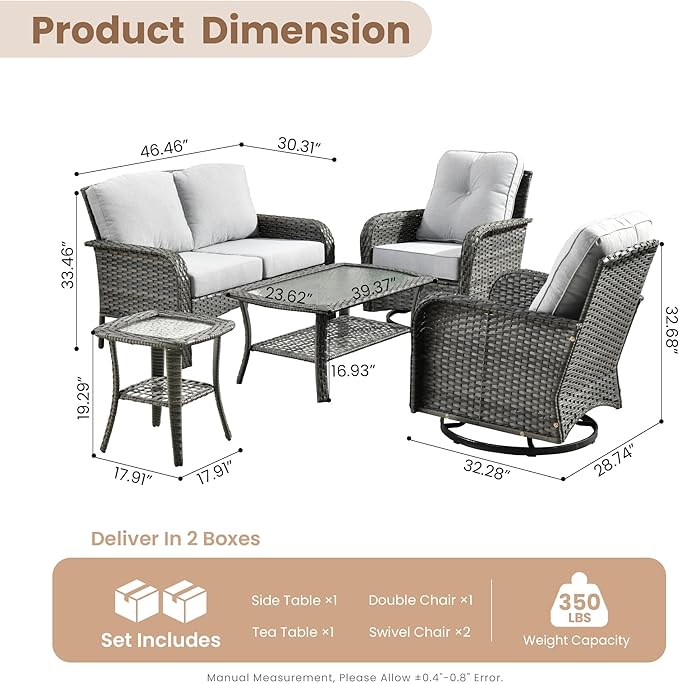 HOOOWOOO Patio Furniture Set,5 Pieces Outdoor Conversation Set,All Weather Wicker Loveseat Sofa Set with High Back Swivel Rocking Chairs Tables,Light Gray