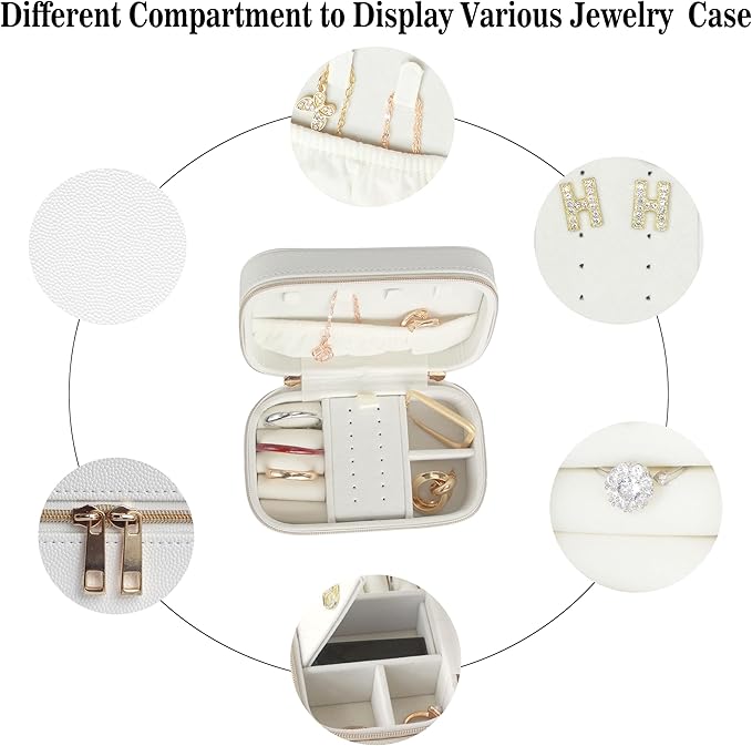 Small Jewelry Travel Case For Womens Small Rectangle PU Leather Jewelry Box With Zipper 2.56" H Portable Travel Jewelry Case For Big Earring Rings Necklaces Bracelets White Jewelry Gifts Box